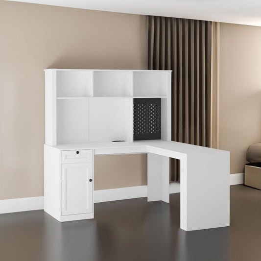L-Shaped Desk with Bookshelf and Storage Space