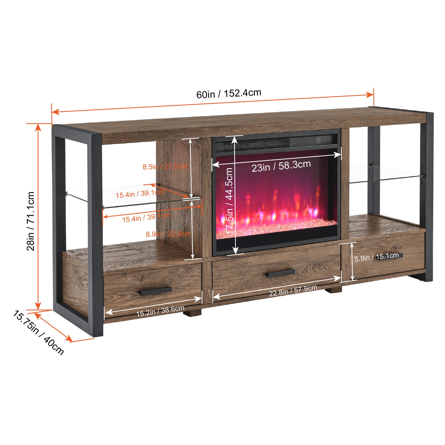 Soporte para TV con chimenea eléctrica de 60 pulgadas y luces LED de colores sincronizadas, color madera de granero recuperada