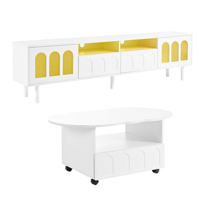 Two sets of ON-TRANS cream style TV stands and coffee tables, suitable for TVs under 80 inches, white