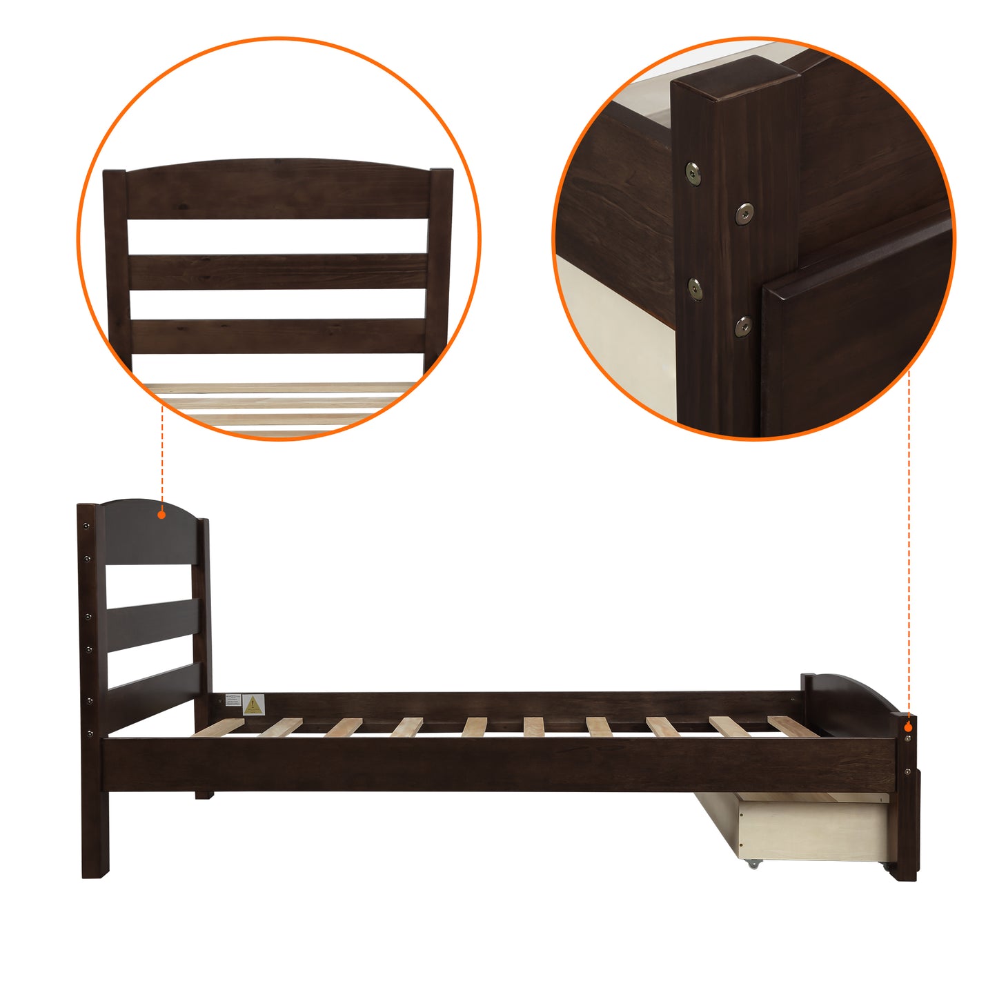 Platform Twin Bed Frame with Storage Drawer and Wood Slat Support No Box Spring Needed Espresso