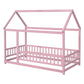 Twin Size Floor Wooden Bed with House Roof Frame, Fence Guardrails,Pink