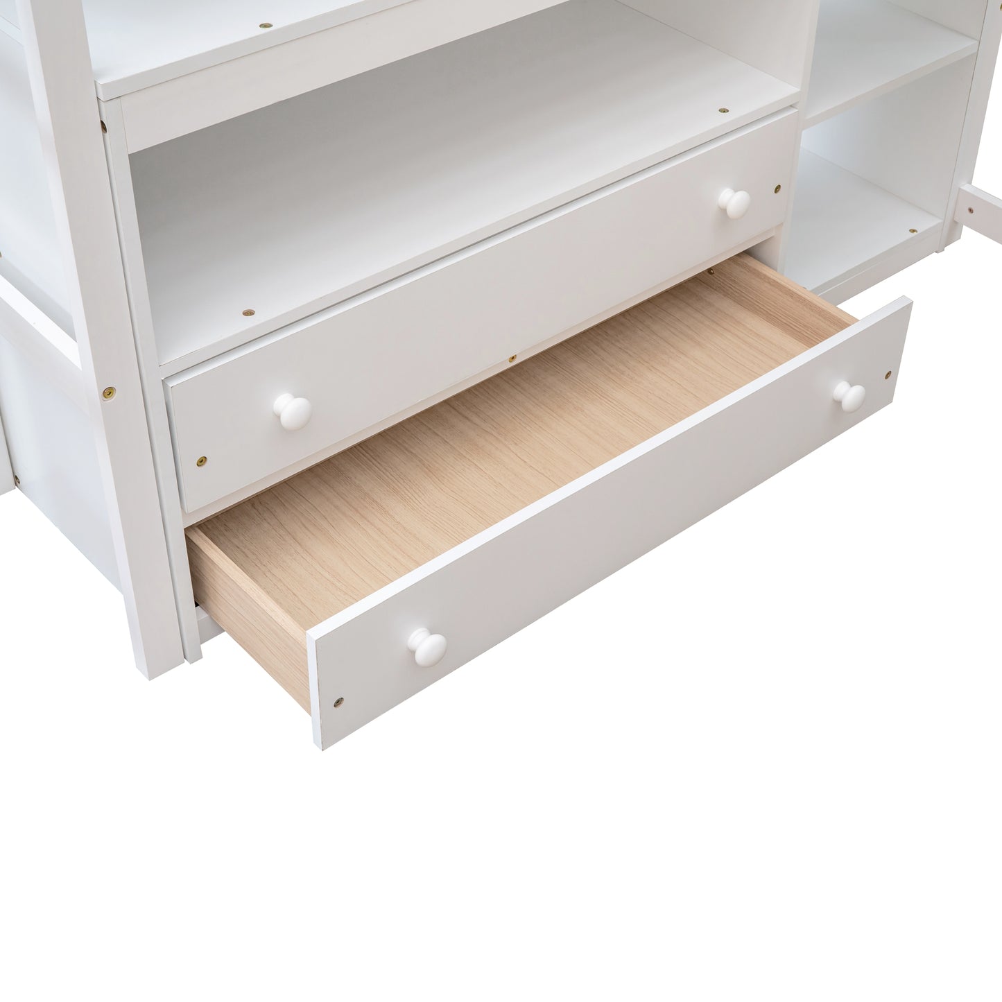 Full Size Loft Bed with Desk and Shelves,Two Built-in Drawers White