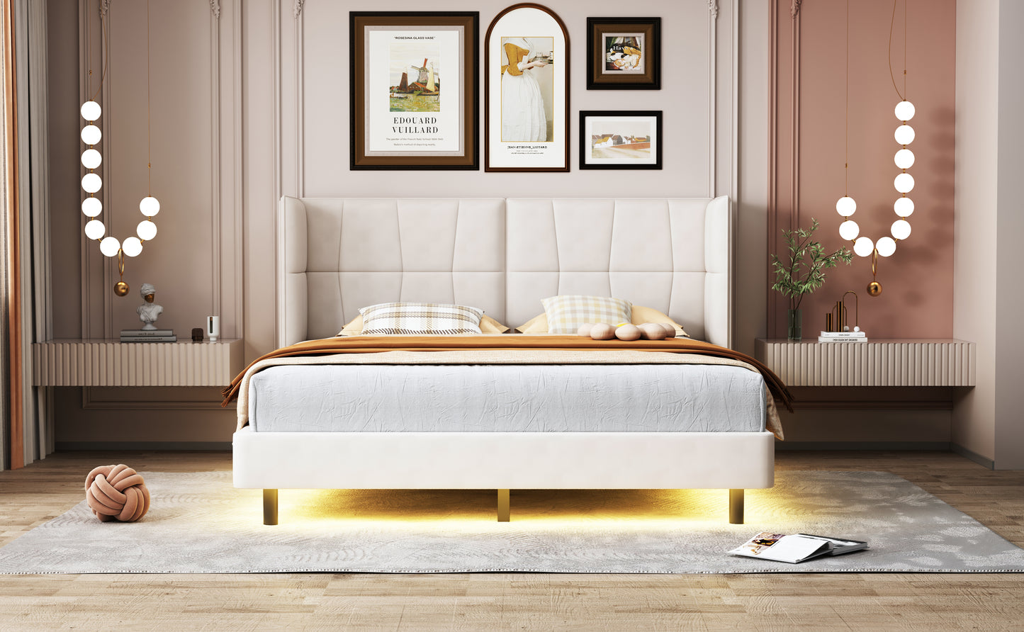 Queen Size Upholstered Platform Bed with LED Lights and U-Shaped Headboard, Linen Fabric, Beige