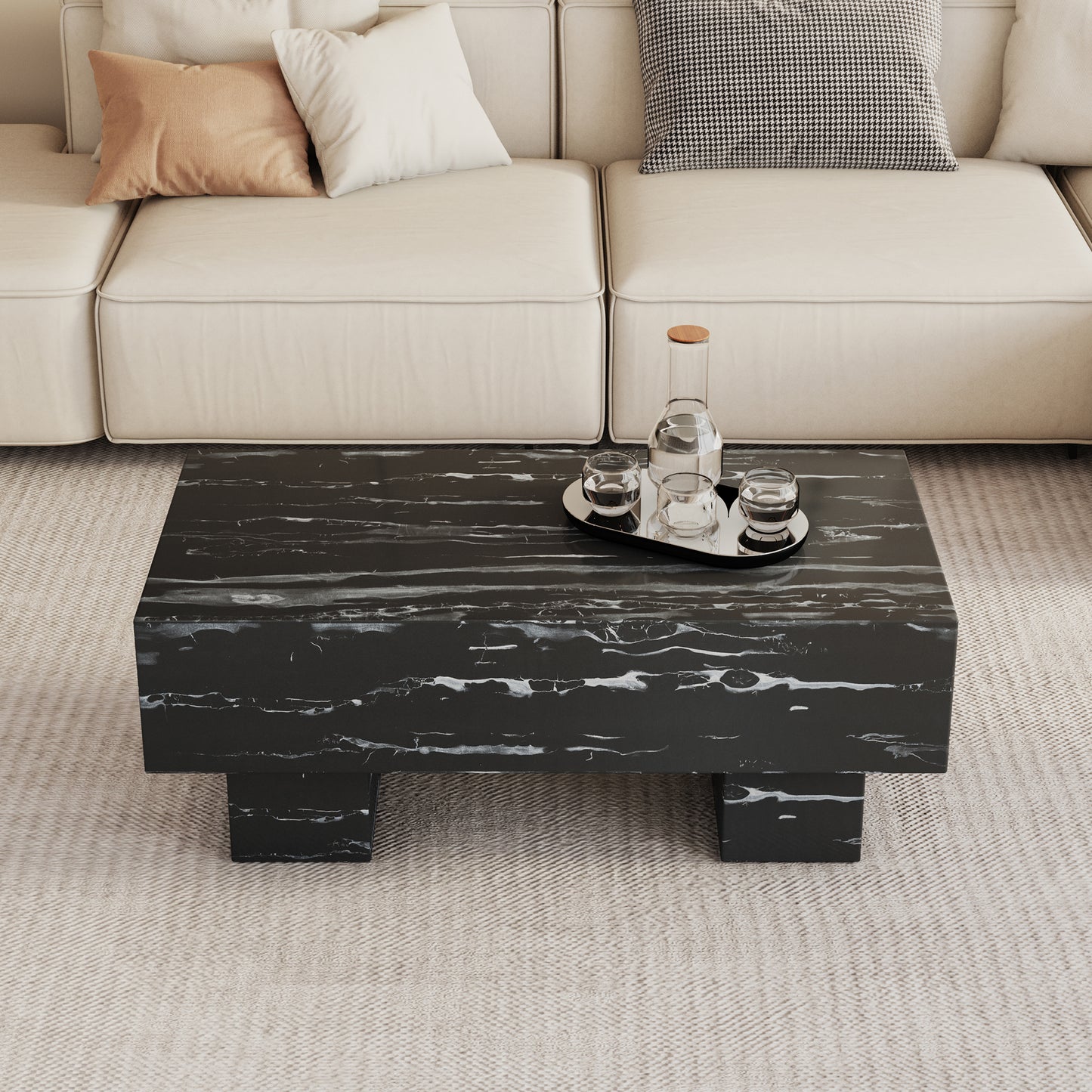 The black coffee table has patterns Modern rectangular table suitable for living rooms and apartments