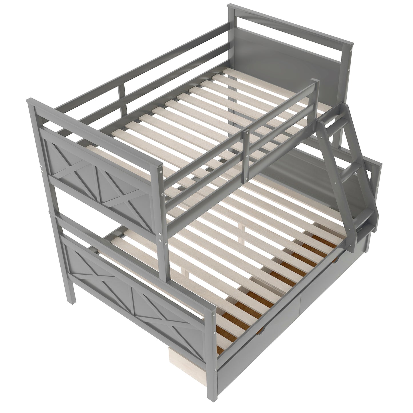 Twin over Full Bunk Bed with Ladder Two Storage Drawers  Safety Guardrail  Gray