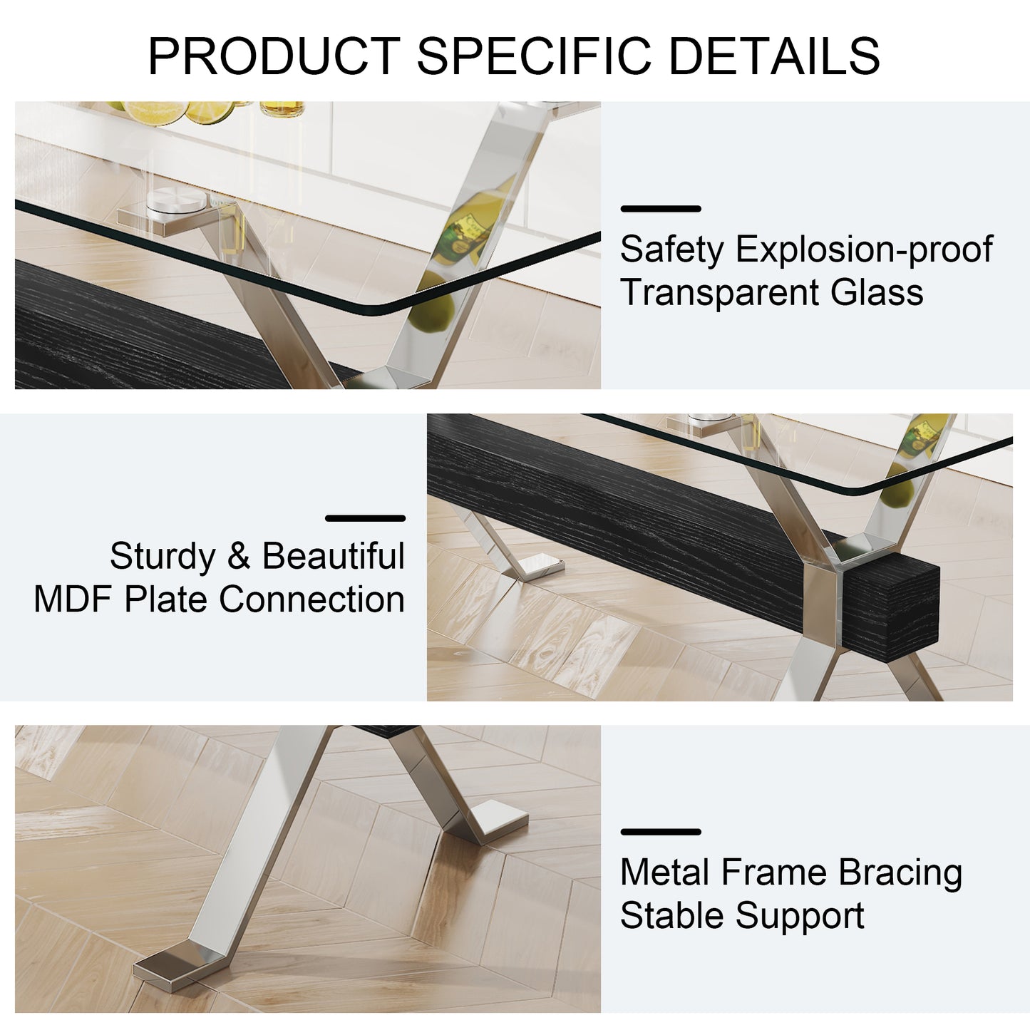 Modern Tempered Glass Dining Table, Large Office Desk with Silver Plated Metal Legs and MDF Crossbars