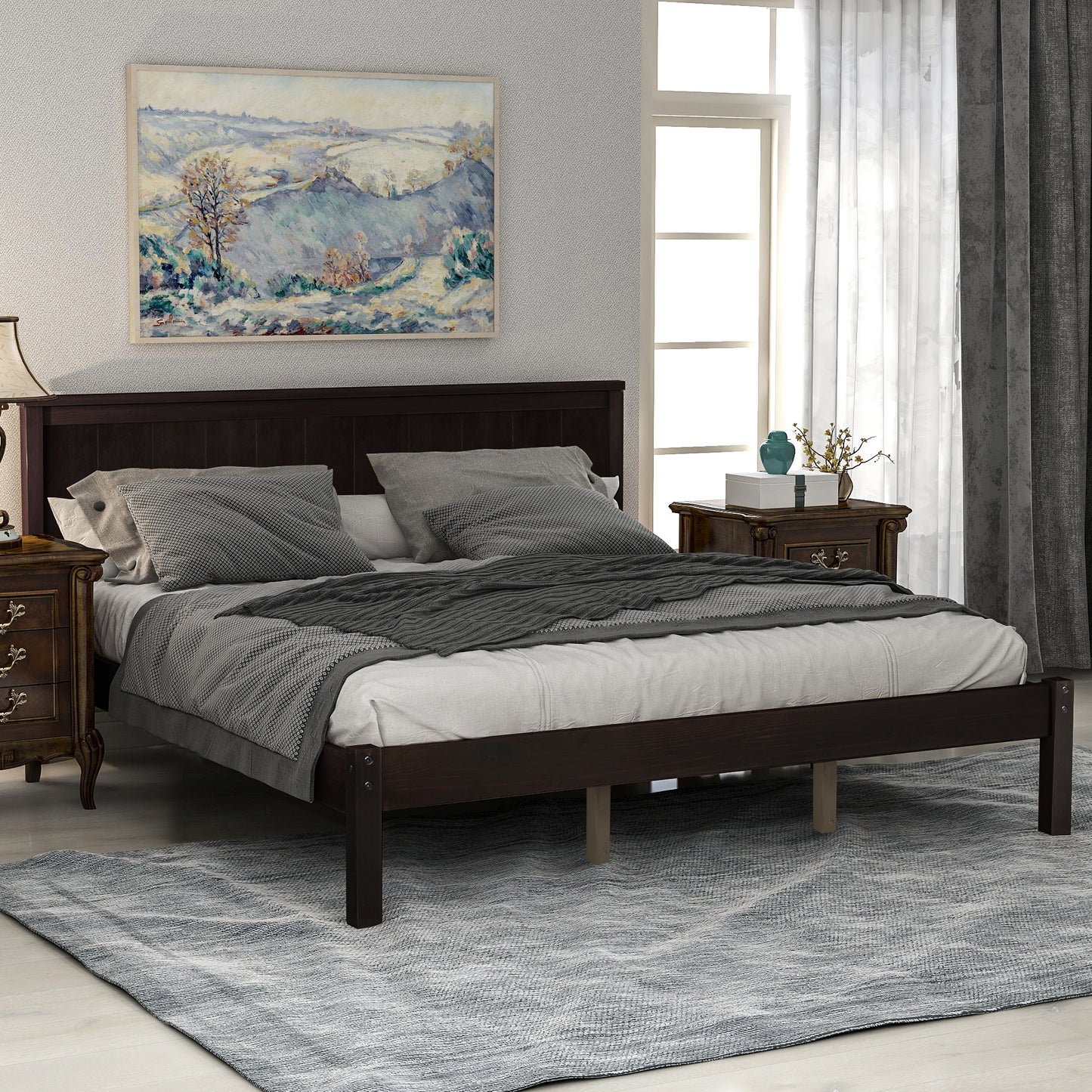 Platform Bed Frame with Headboard, Wood Slat Support, No Box Spring Needed, Queen Size in Espresso