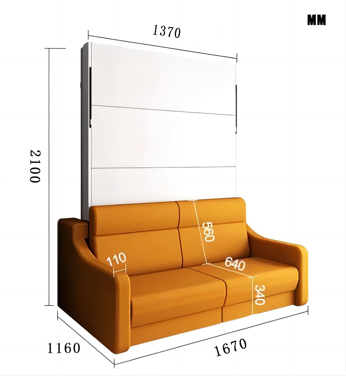 Cama plegable vertical moderna de tamaño completo con sofá y cajones, acabado blanco con columnas de gas