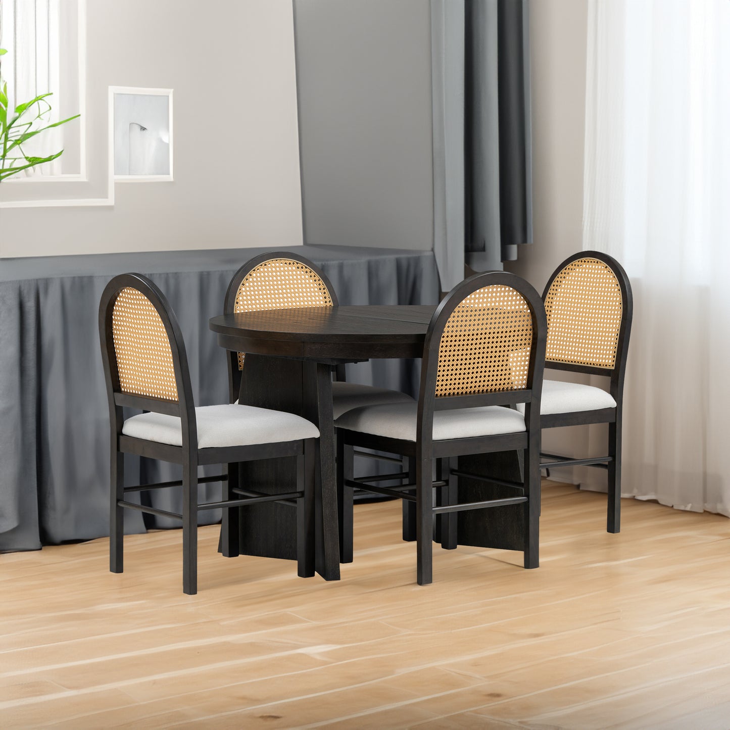 TREXM 5-Piece Retro Dining Set, Expandable Table and 4 Cushioned Chairs with Rattan Backrests, Espresso Finish