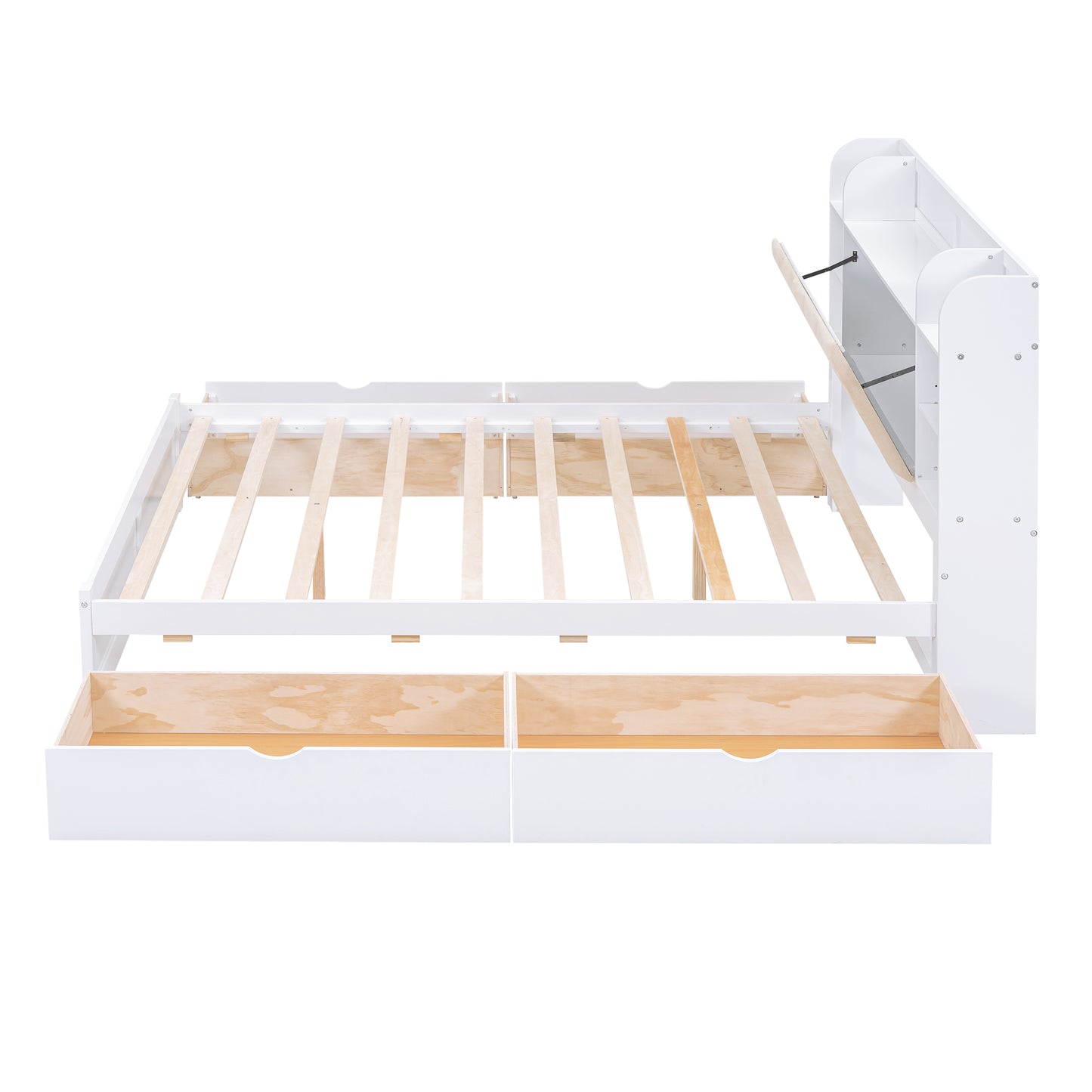 Wood Queen Size Platform Bed with Storage Headboard  Shelves and 4 Drawers  White