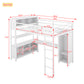 Metal loft bed with wardrobe and L-shaped desk, full-size loft bed with storage cabinet and shelf, white