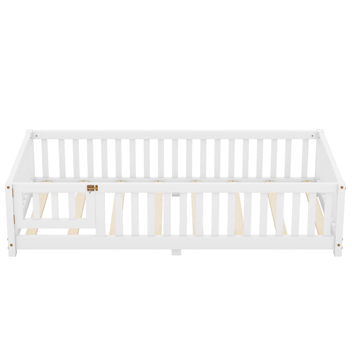 Cama de piso tamaño twin con barandillas de seguridad y puerta, perfecta para habitaciones de niños, color blanco