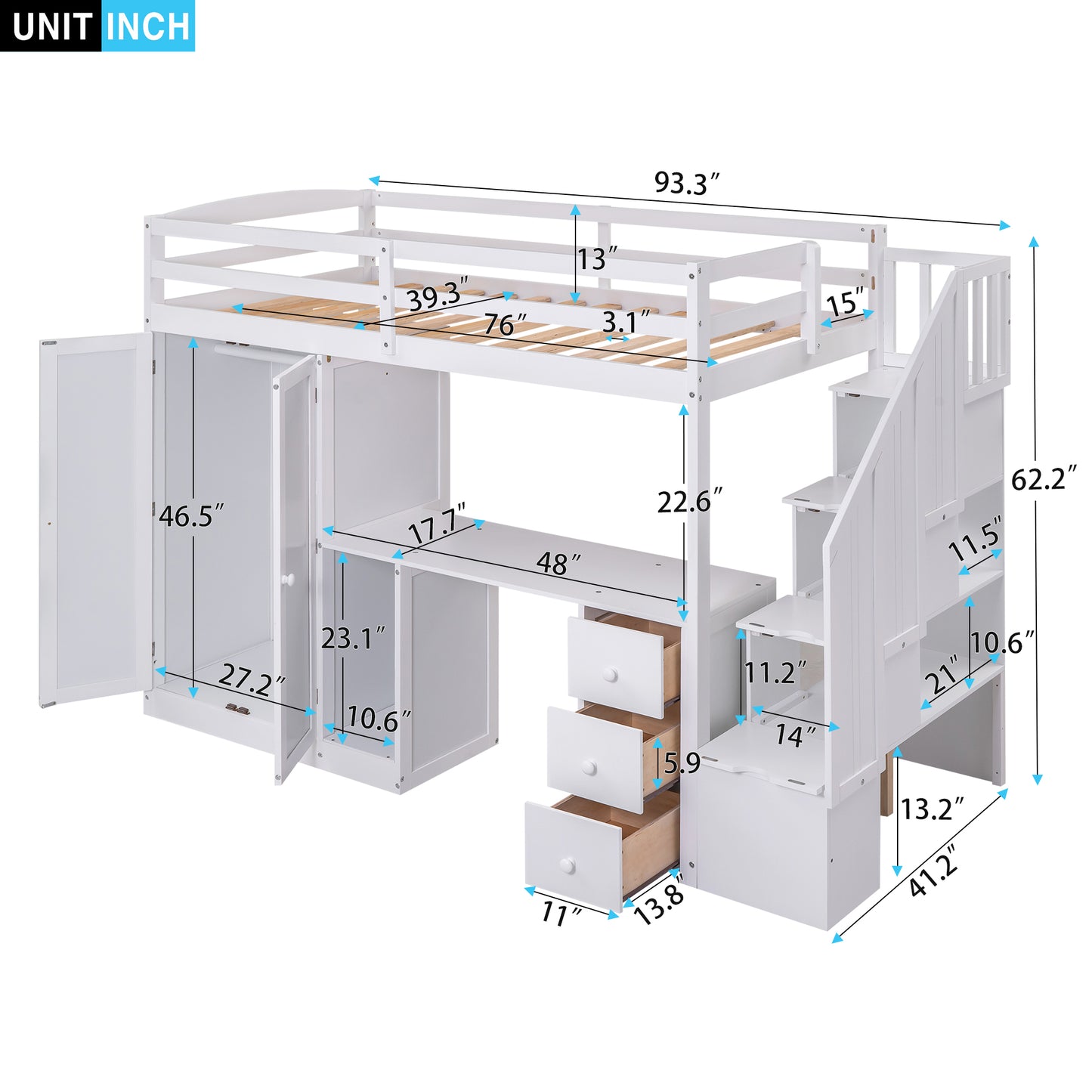 Twin Size Loft Bed with Wardrobe and Staircase, Desk and Storage Drawers and Cabinet in 1  White