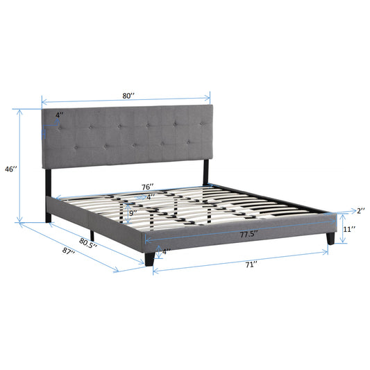 King Size Upholstered Platform Bed Frame with Button Tufted Linen Fabric Headboard Gray