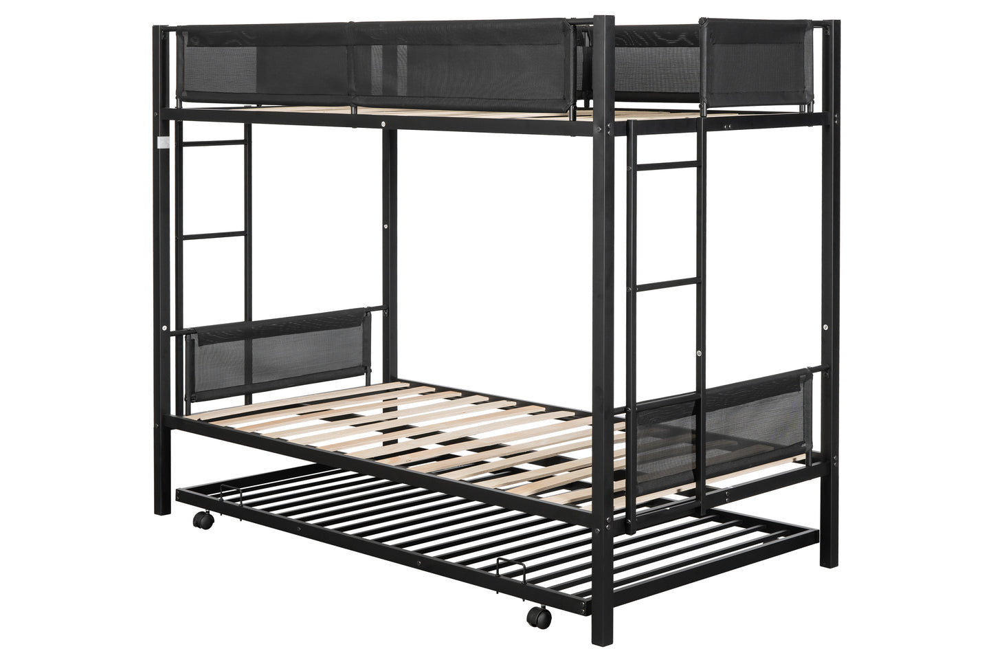 Metal double bed with casters/sturdy frame/no noise/comfortable guardrail/2 side ladders/no need for spring box