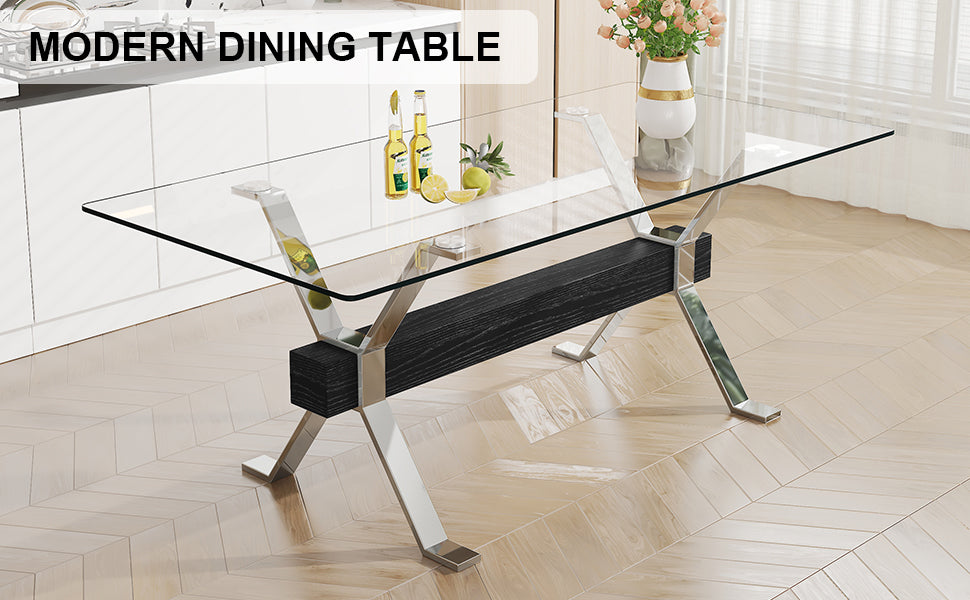 Mesa de comedor moderna de vidrio templado, escritorio de oficina grande con patas de metal plateado y barras transversales de MDF