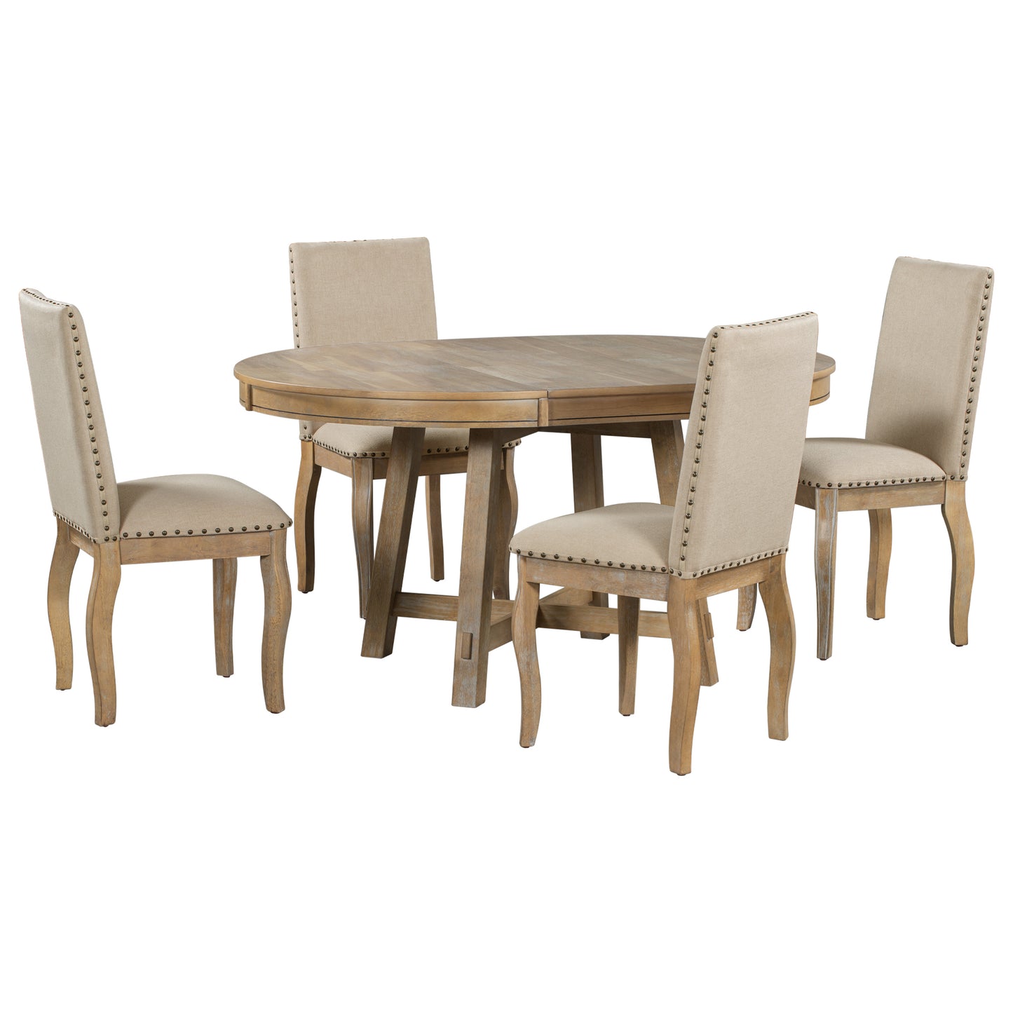 TREXM 5-Piece Farmhouse Dining Table Set with Round Extendable Table and 4 Upholstered Chairs, Natural Wood Wash