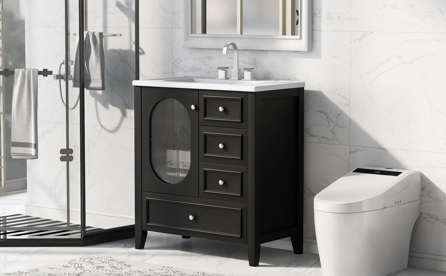 Bathroom Vanity with Sink, Bathroom Vanity Cabinet with Three Drawers and Door, Solid Wood and MDF, Black