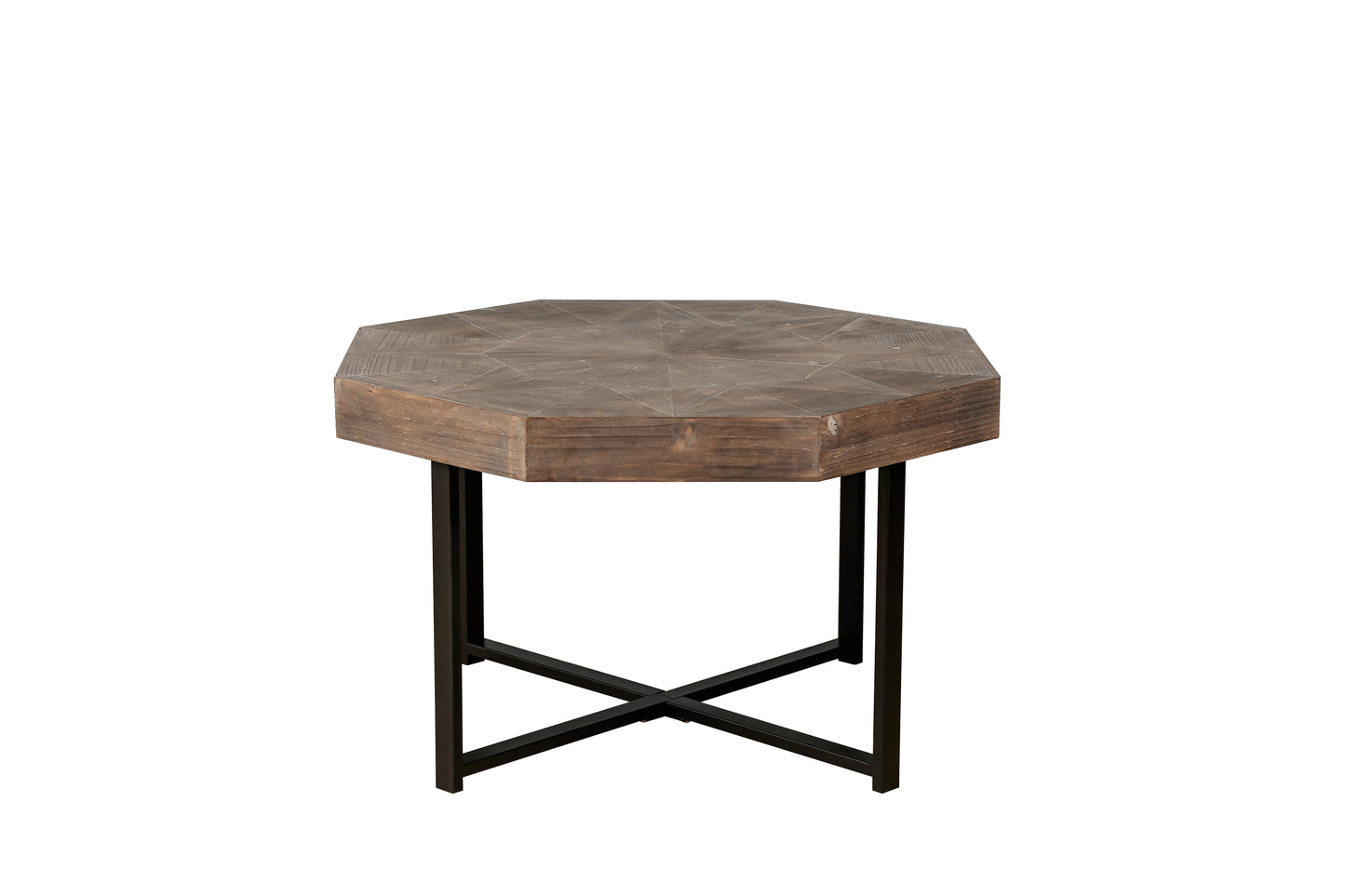 Wooden octagonal retro patchwork craft 30 inch wooden tabletop cross metal leg coffee table (antique brown)