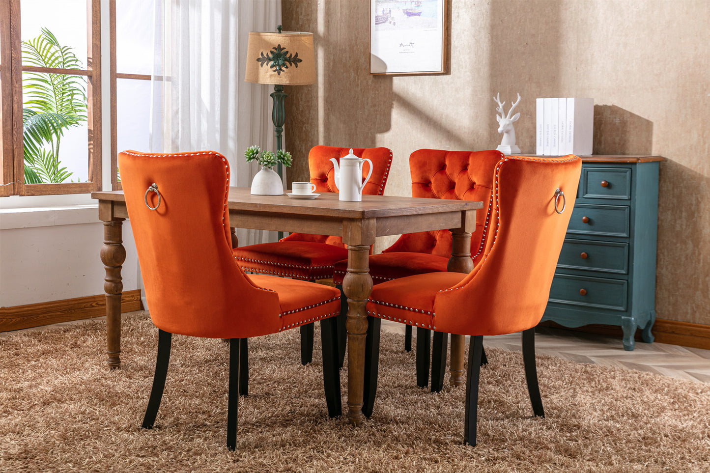 High-end Tufted Solid Wood Contemporary Velvet Upholstered Dining Chair with Wood Legs Nailhead Trim 2-Pcs Set Orange