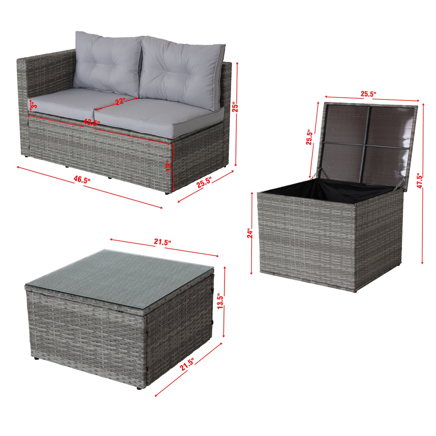 Conjunto de muebles de exterior de mimbre y ratán seccional de 4 piezas para patio con caja de almacenamiento, acabado gris