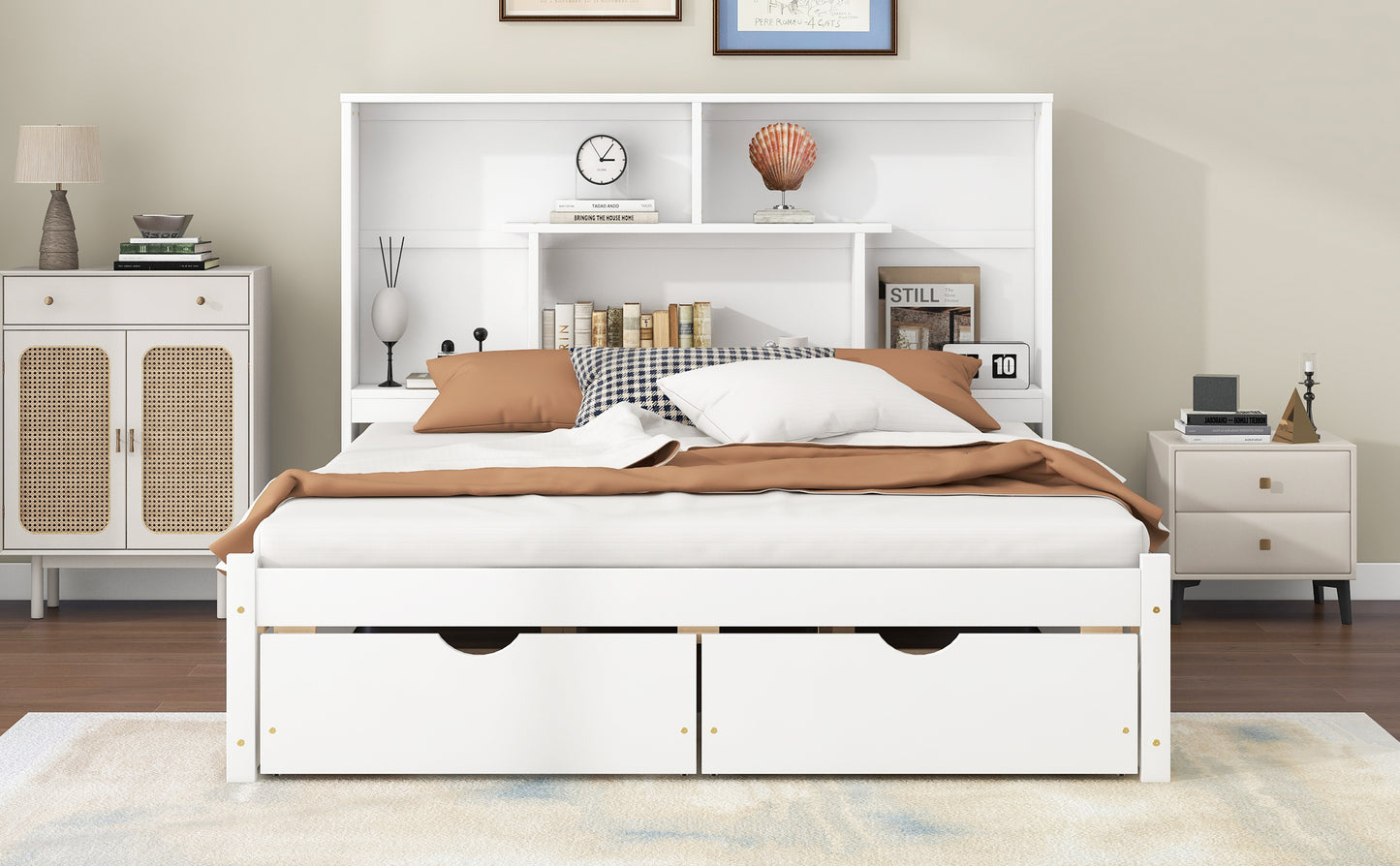 Queen Size Platform Bed with Storage Headboard and 2 Drawers, White