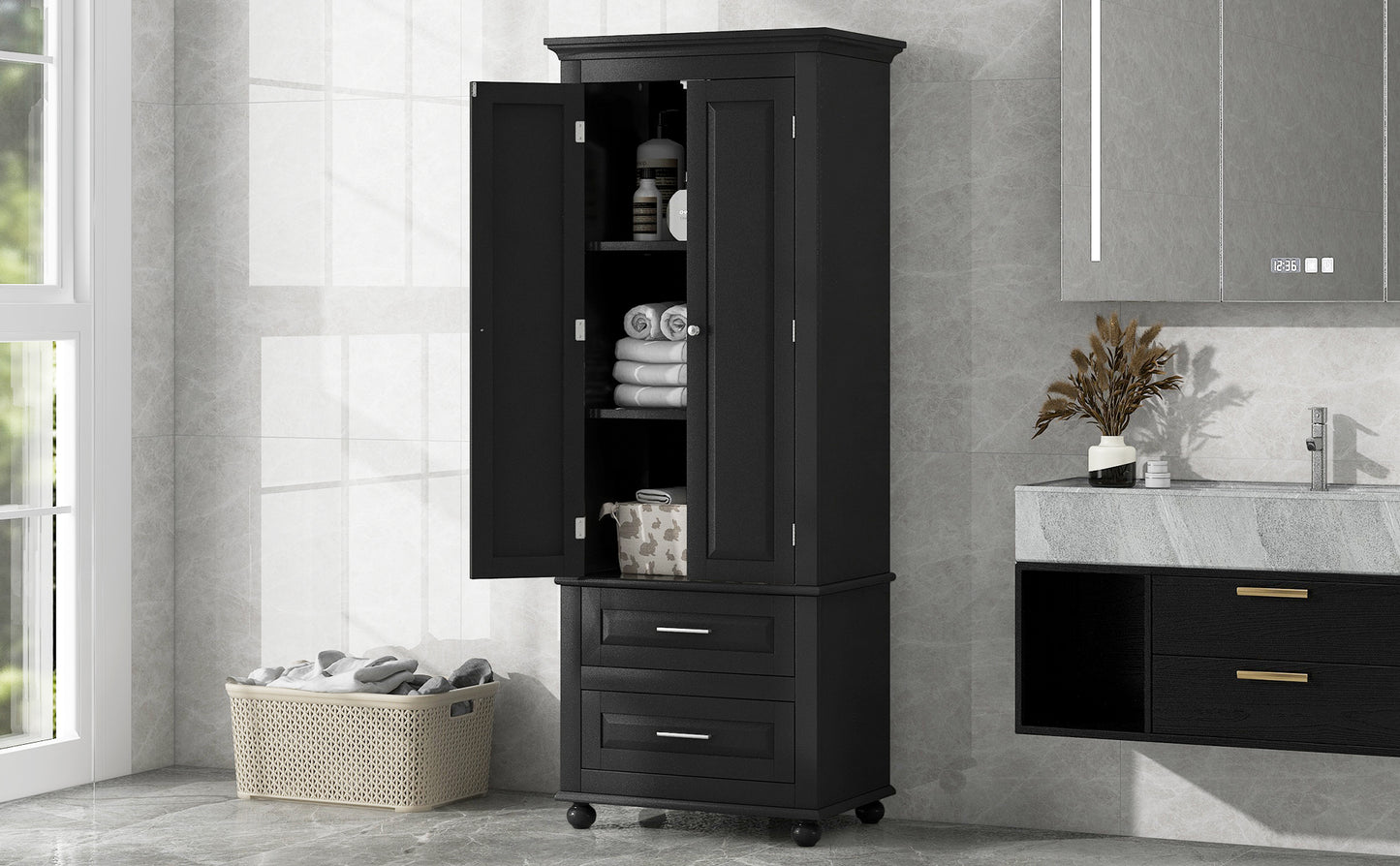 Tall Storage Cabinet with Two Drawers, Perfect for Bathrooms and Offices, Black Finish