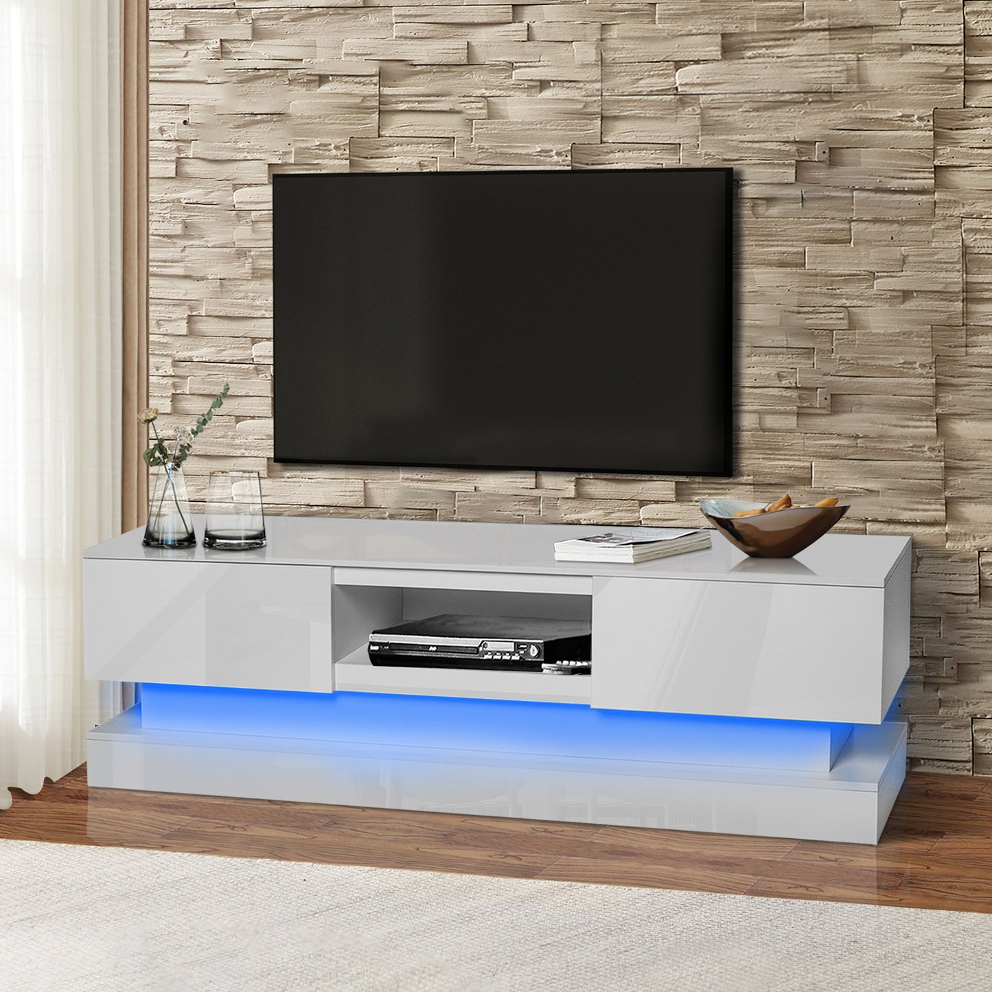 51.18inch WHITE morden TV Stand with LED Lights high glossy front TV Cabinet color:WHITE