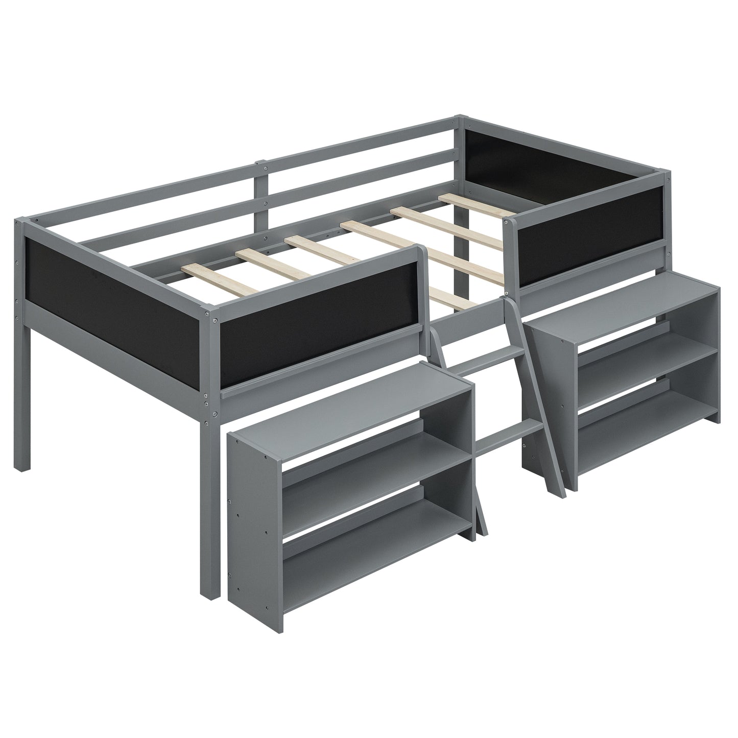 Twin Size Low Loft Bed with Two Movable Shelves and Ladder,with Decorative Guardrail Chalkboard,Gray