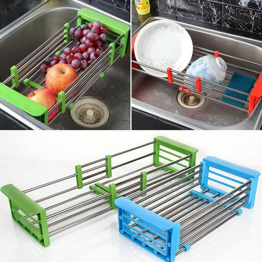 Escurridor de platos telescópico ajustable de acero inoxidable para cocina, sobre el fregadero, organizador de almacenamiento, bandeja para frutas y verduras