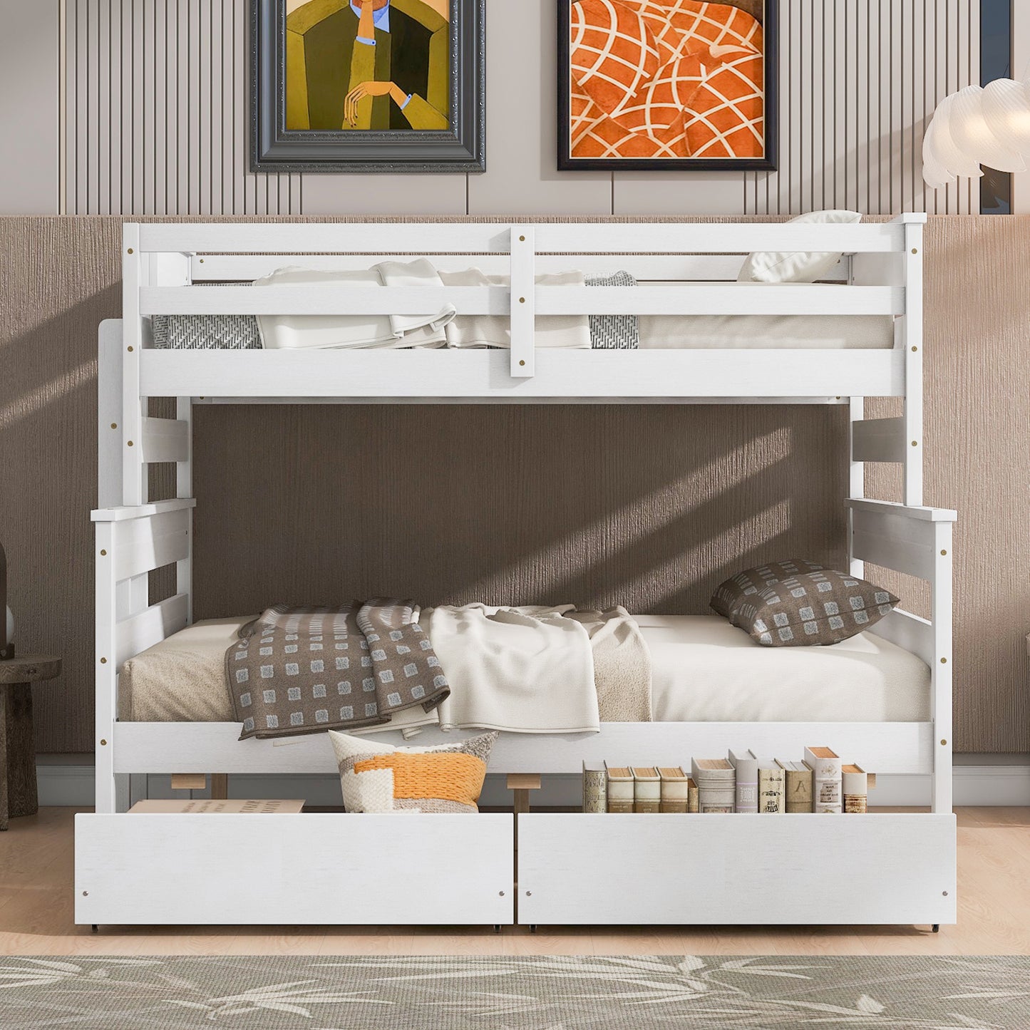 Wood Twin over Full Bunk Bed with 2 Drawers  White