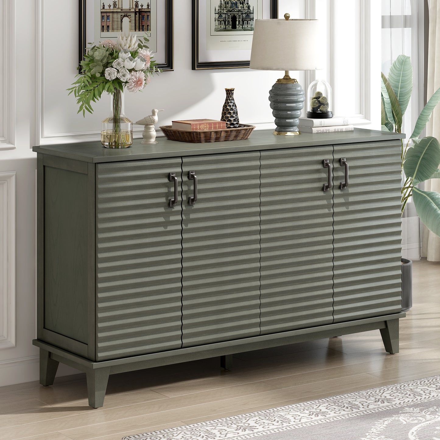 TREXM Side Panel Buffet with 4 Doors, Large Storage Cabinet with Adjustable Shelves and Metal Handles, Antique Gray