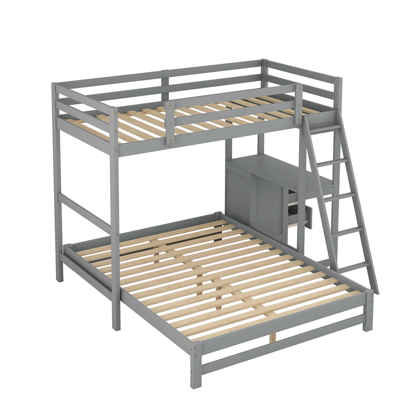 Twin over Full Bunk Bed with Built-in Desk and Three Drawers Grey