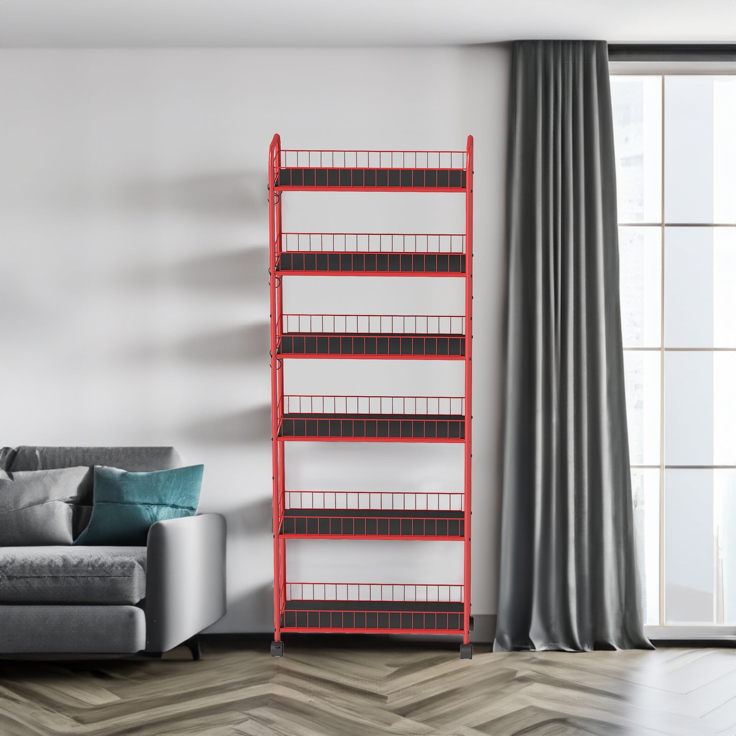 Red 6-story ultra-thin rolling storage cart, mobile shelves with wheels, metal wire storage rack with baskets