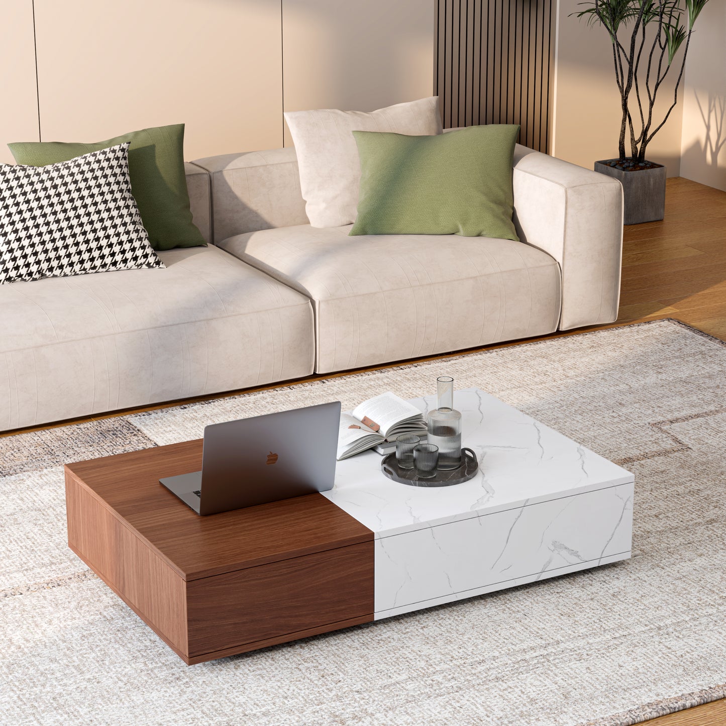 Modern Walnut Coffee Table with Two Storage Spaces, Stylish and Functional for Living Rooms