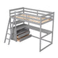 Twin Size Loft Bed with Desk and Shelves, Two Built-in Drawers, Gray