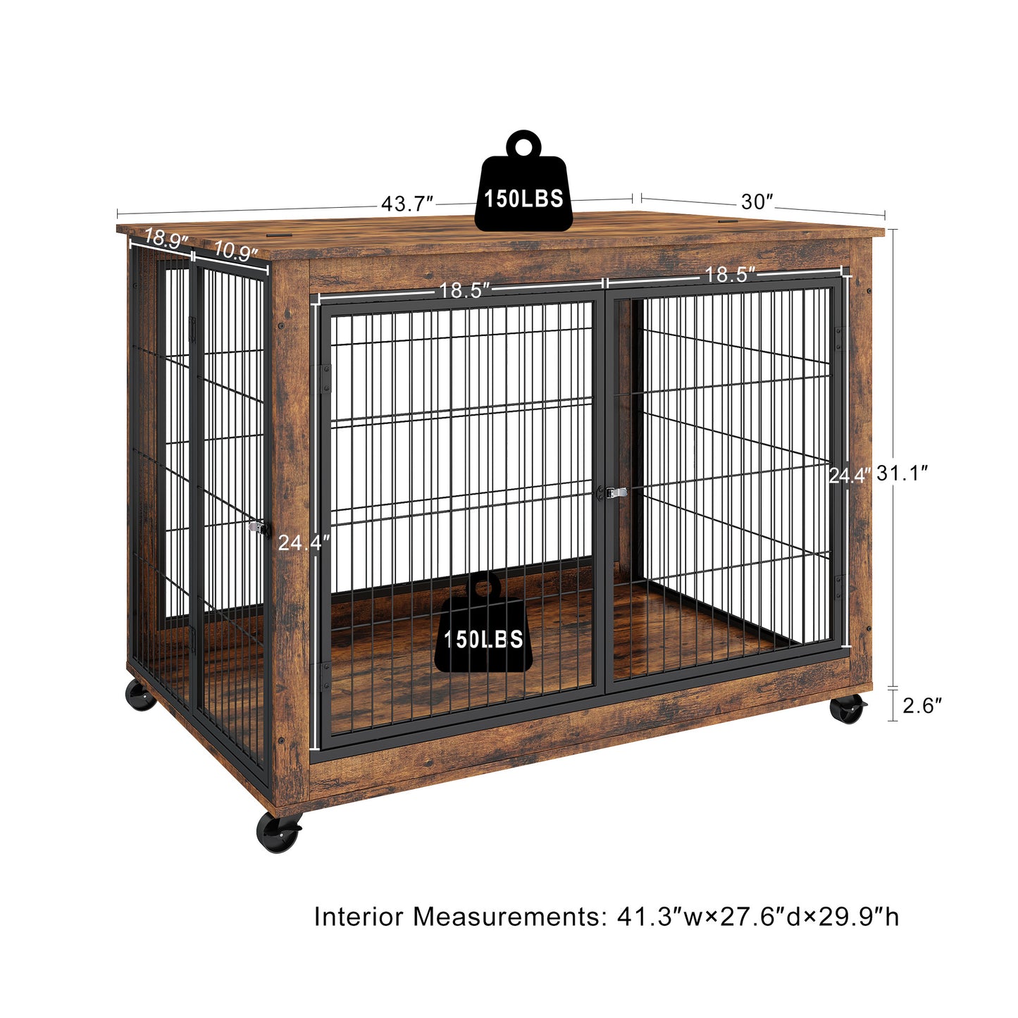 Furniture Style Dog Crate Side Table on Wheels with Double Doors and Lift Top. Rustic Brown