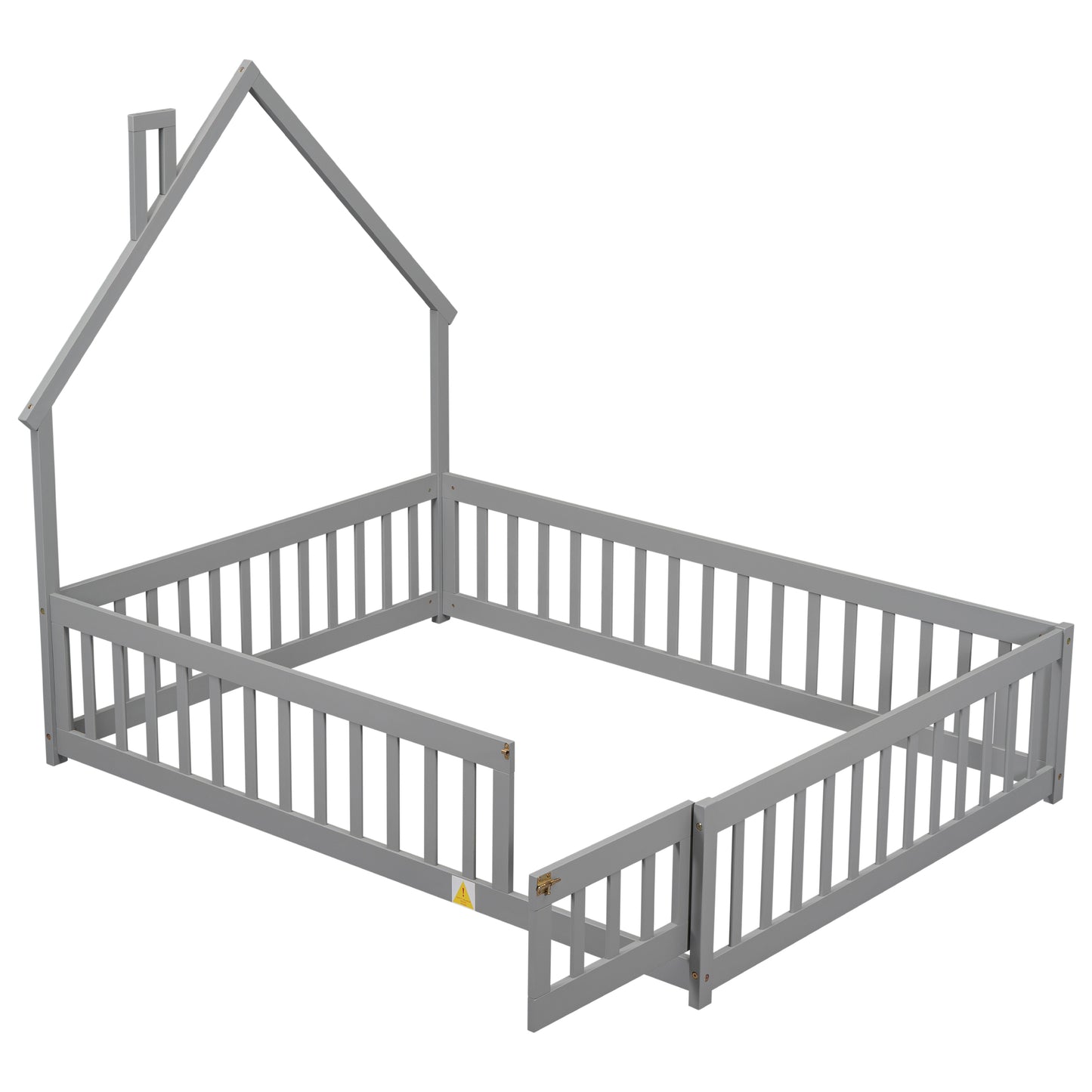 Full House-Shaped Headboard Floor Bed with Fence Grey