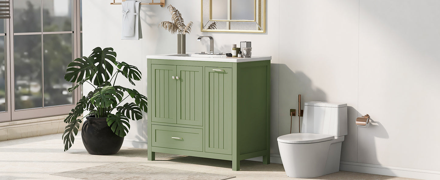 36" Bathroom Vanity with Sink, Double Door Cabinet, Large Drawer, and Flip Drawer, Green Finish