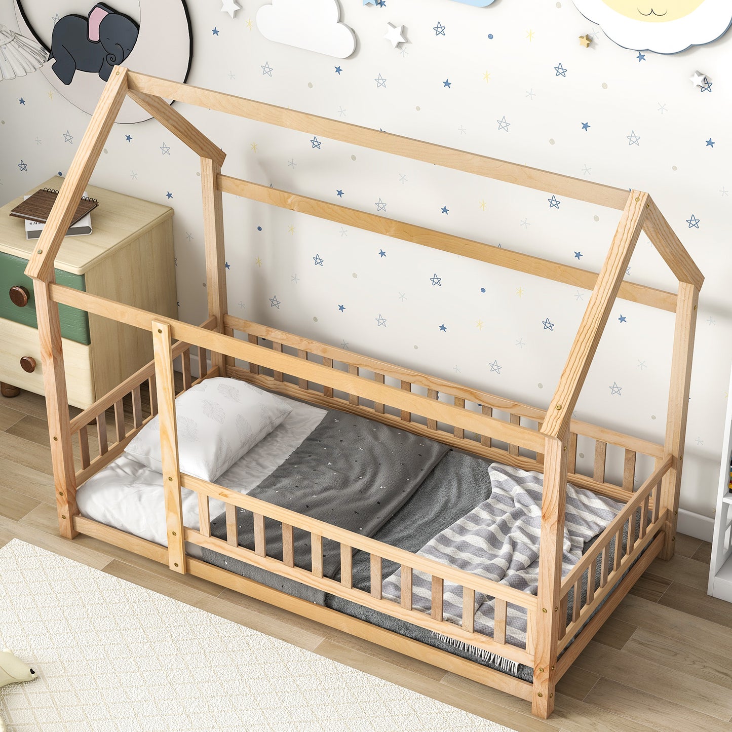 Twin Size Floor Wooden Bed with House Roof Frame, Fence Guardrails