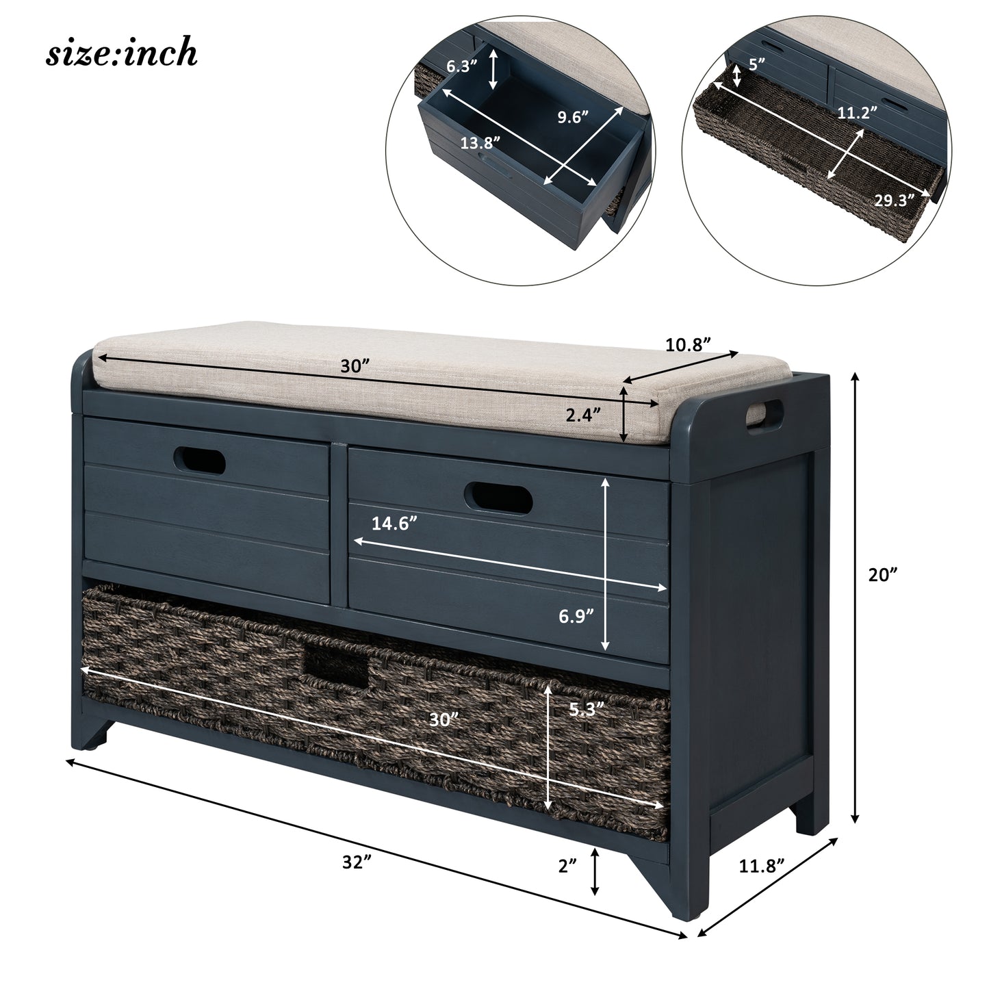 TREXM Storage Bench with Removable Basket and 2 Drawers, Fully Assembled Shoe Bench with Removable Cushion (Navy)