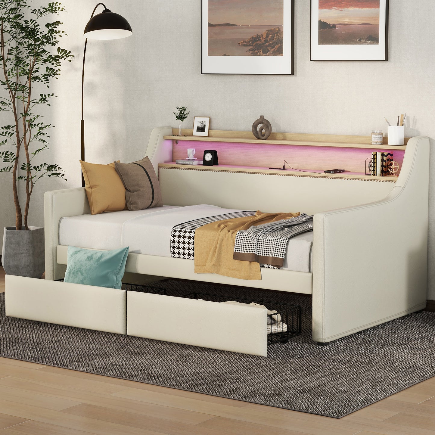 Twin Size Daybed with Storage Drawers, Upholstered Daybed with Charging Station and LED Lights, Beige