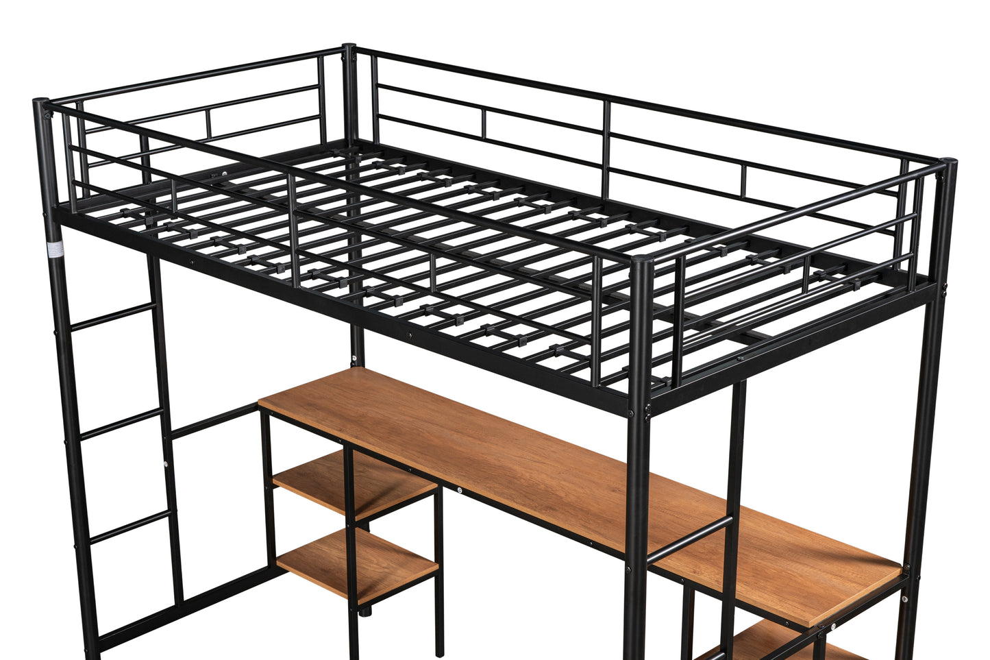 Twin loft bed with table and shelf/Heavy duty sturdy metal/Built in table and shelf/Noise reduction/Safety fence