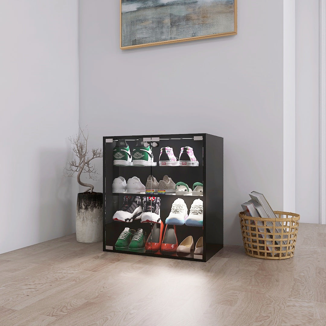 4 Layers Black Shoe Cabinet with Glass Door and Glass Layer Shoes Display Cabinet with LED light Bluetooth Control