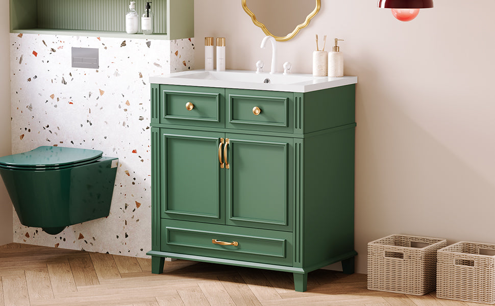 Mueble de baño descubierto de 30" con puerta de cierre suave, gabinete de almacenamiento con marco de madera maciza, acabado verde