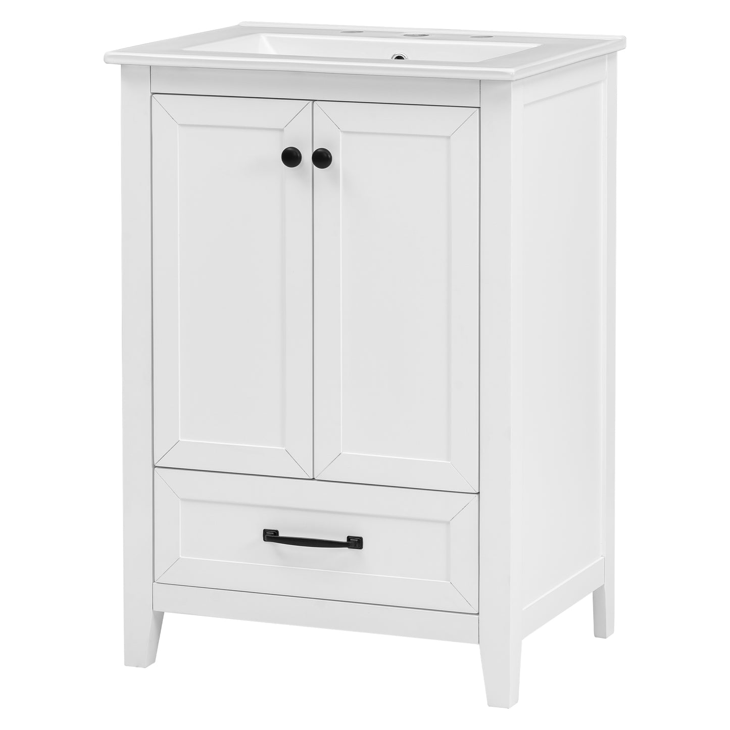 24" Bathroom Vanity with Sink, Solid Wood and MDF Cabinet with One Drawer and Doors, White Finish