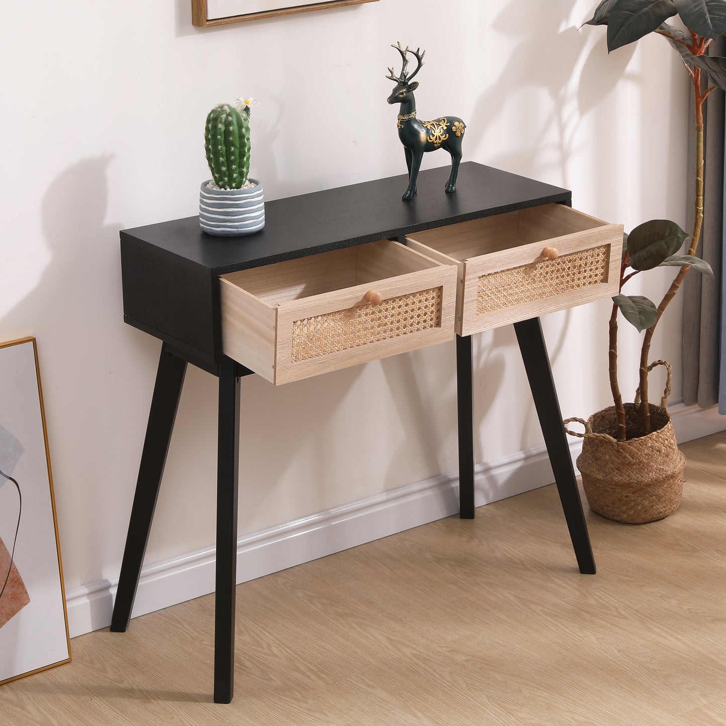 Side table with two real rattan drawers, solid wood table legs,can be used in the dining room, living room,bedroom