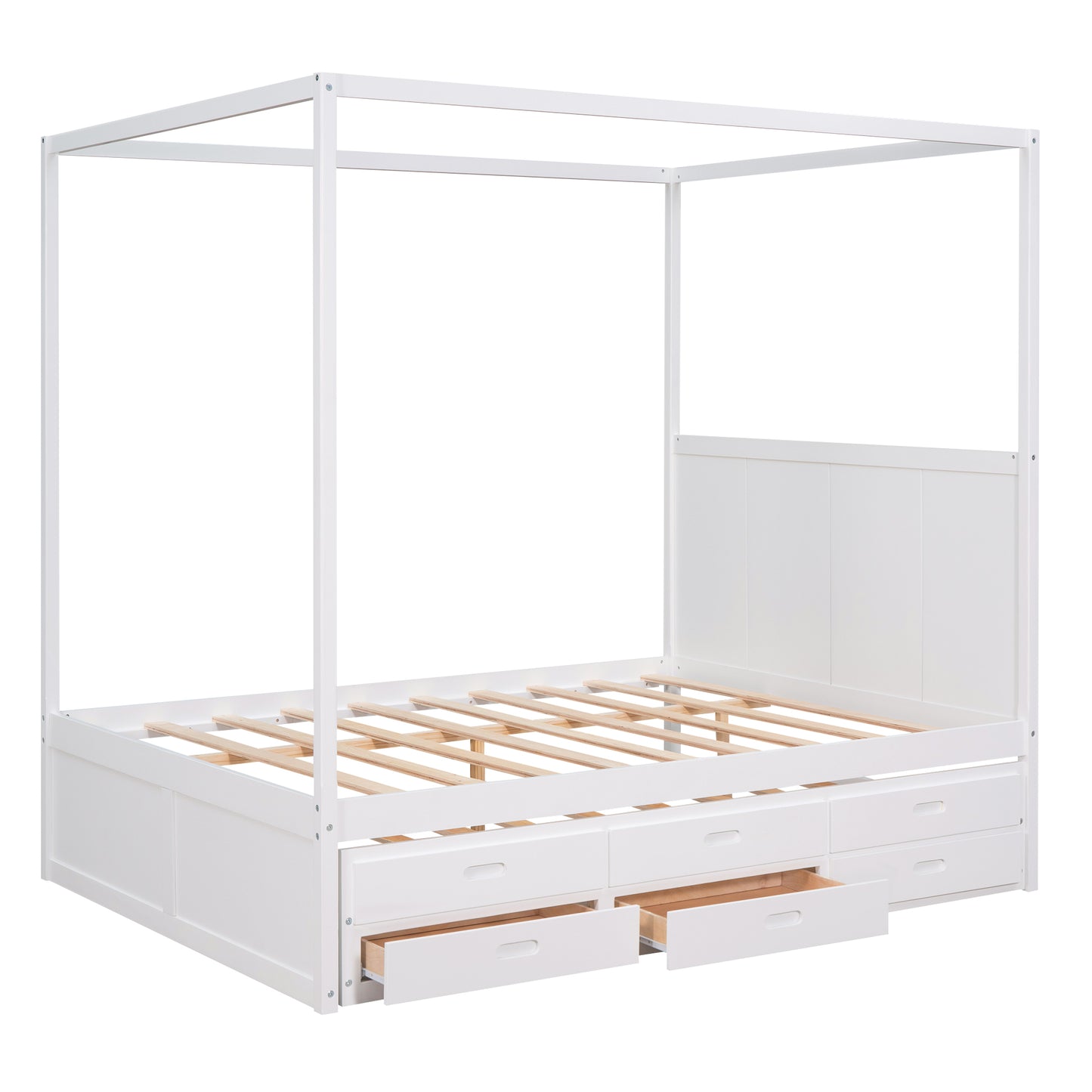 Queen Size Canopy Platform Bed with Twin Size Trundle and Three Storage Drawers White