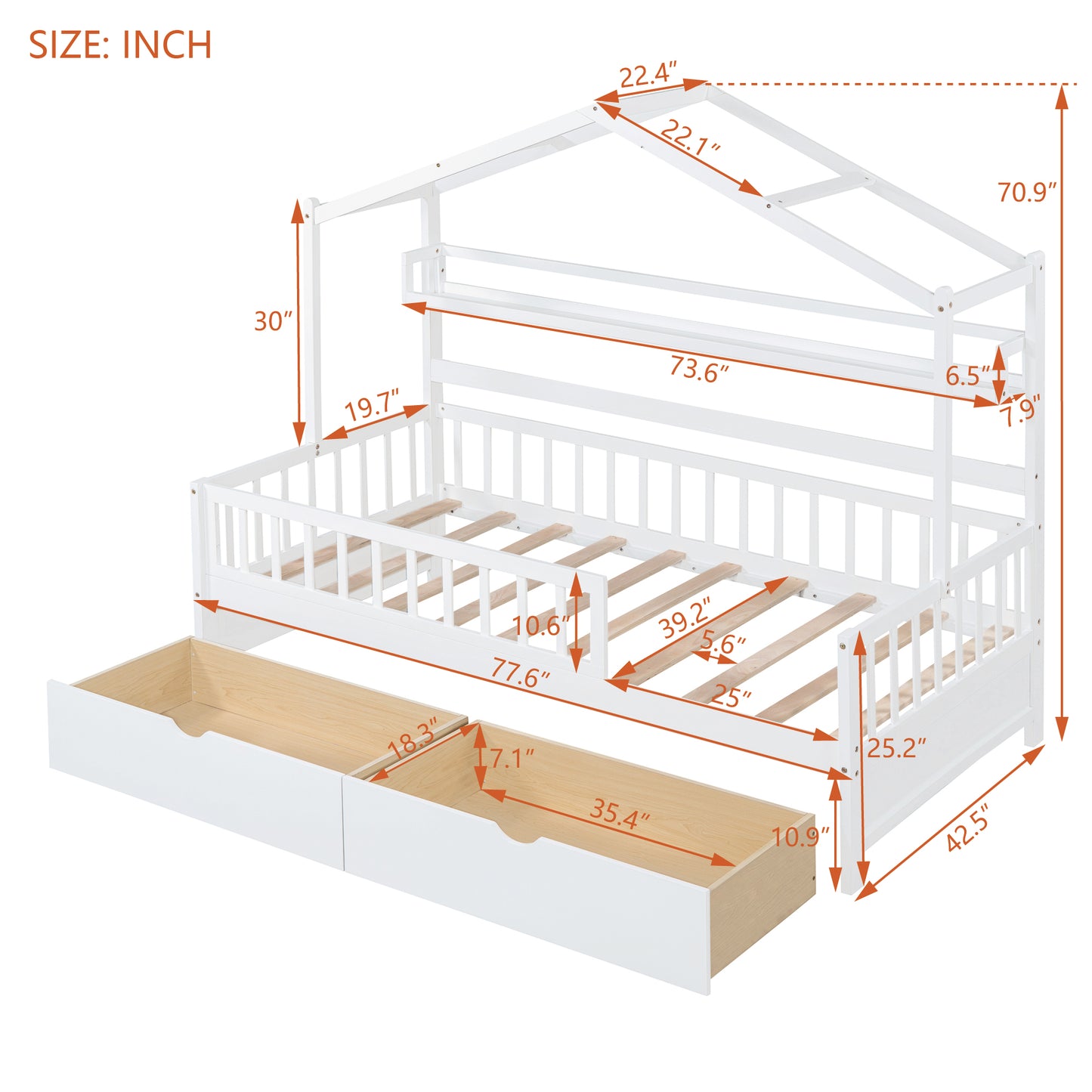 Wooden Twin Size House Bed with 2 Drawers Kids Bed with Storage Shelf White