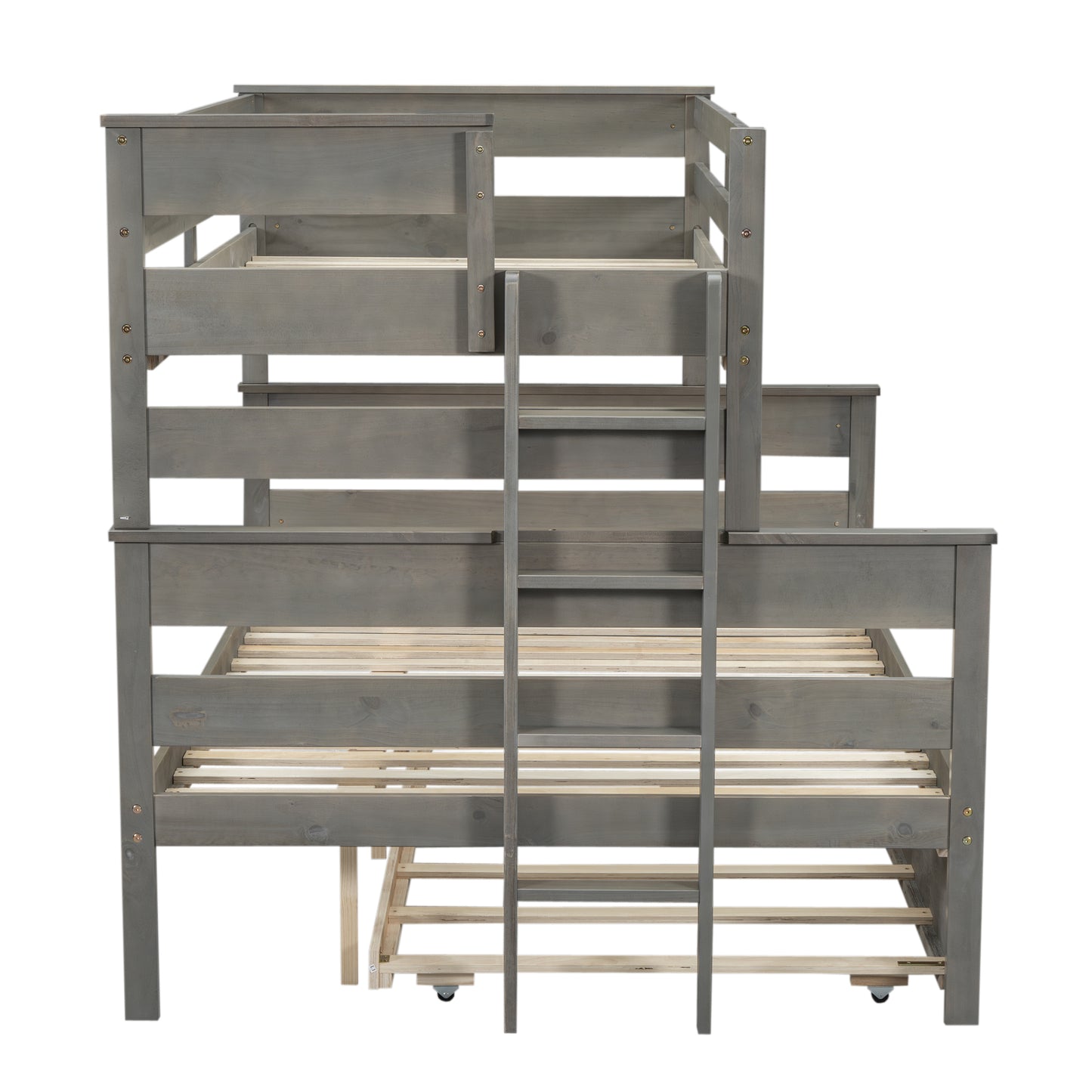 Wood Twin over Full Bunk Bed with Twin Size Trundle  Gray